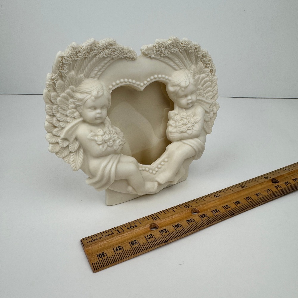 Vtg Tabletop Cherub Angel White Picture Frame Heart Wing Shape Bisque Porcelain